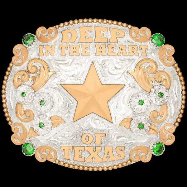 "The stars at night, are big and bright....." The Texas Belt Buckle is built on a shiny oval hand engraved base with bronze bead frame and silver flowers. Customize the absolute Texas Buckle today!